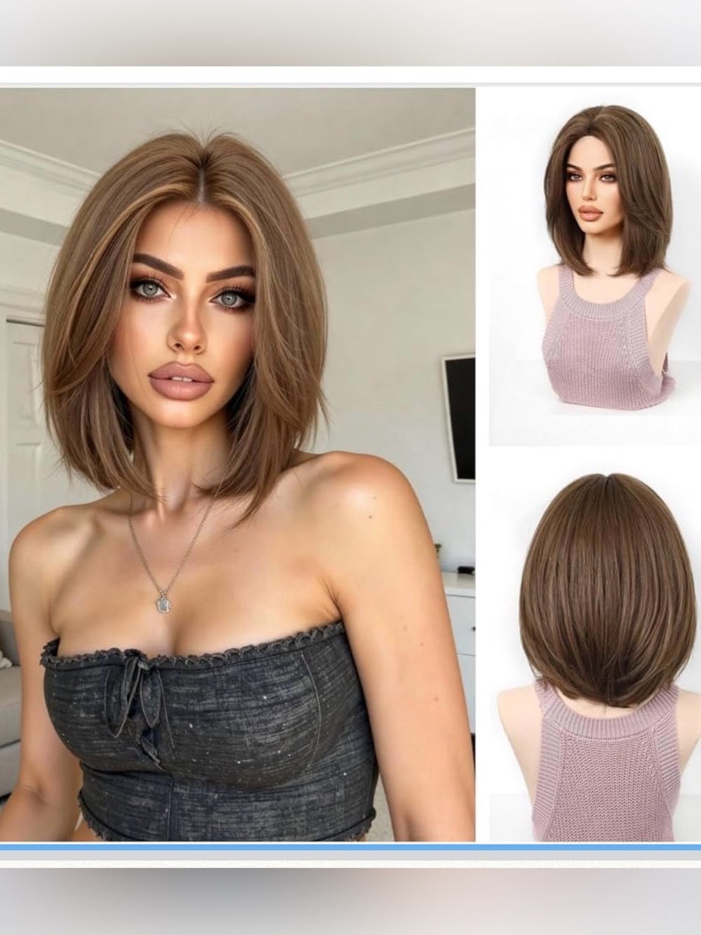 Golden Blonde Gradient Human Hair Wigs,Middle Part Straight Bob Glueless (Brown)